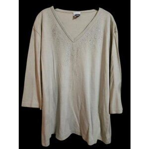 * PFI FASHION Beige Rhinestone Accent V Neck Pullover Top Womans Plus Size 2X